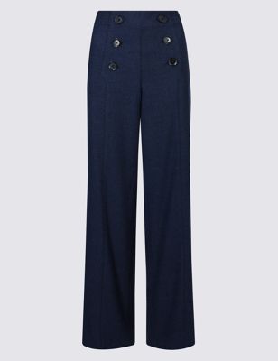 Button Front Textured Wide Leg Trousers